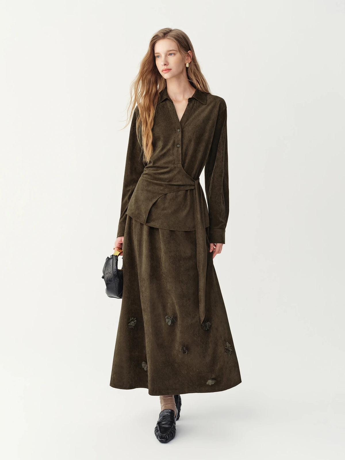 Women's Faux Suede Tie-Waist Shirt & A-Line Skirt Two-Piece Set – Retro Office