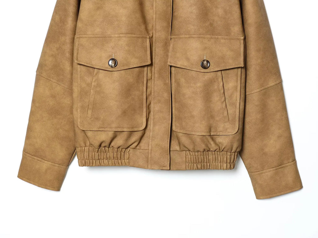 Women's  Faux Fur Collared Zip-Up Jacket with Pockets