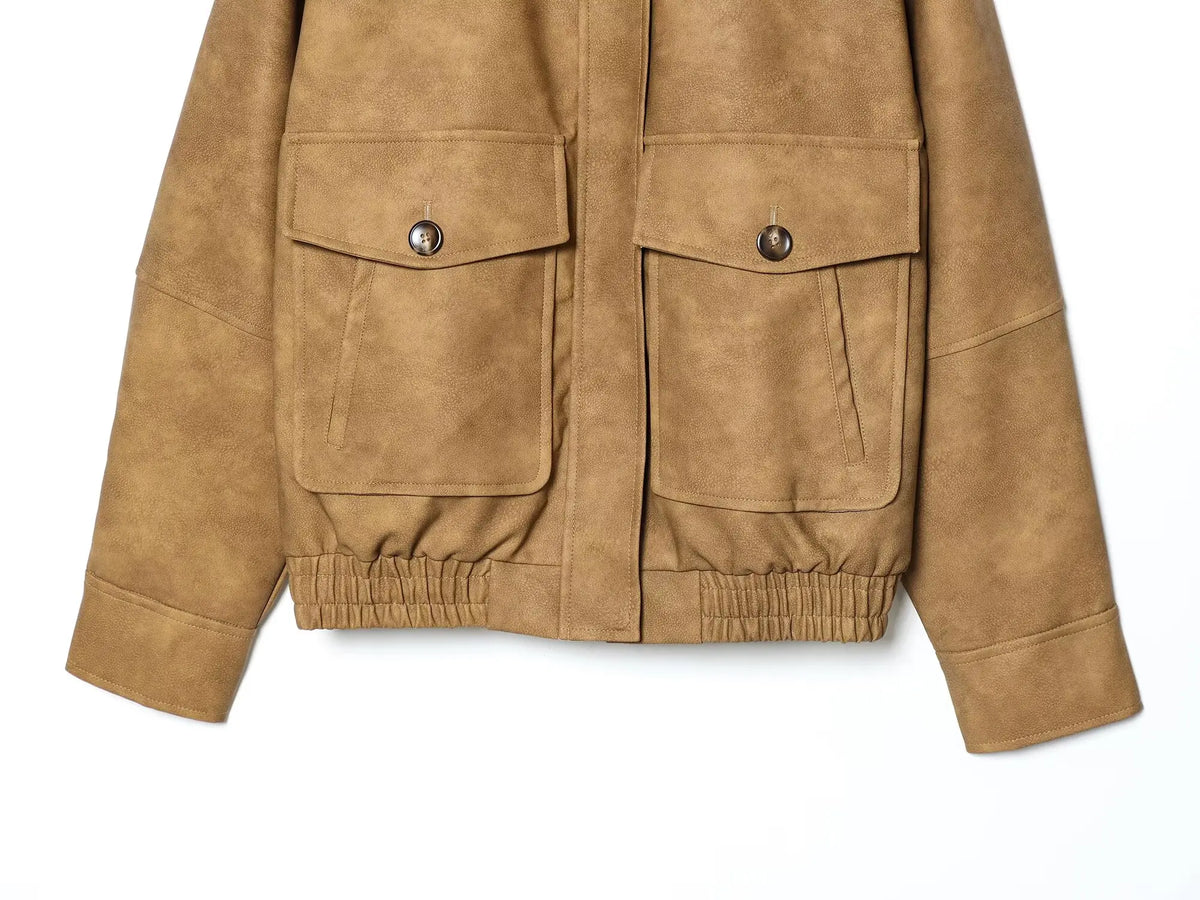 Women's  Faux Fur Collared Zip-Up Jacket with Pockets