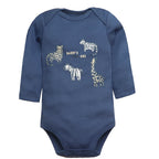 Heathered blue long sleeve bodysuit showing four safari animals around the text Daddy's Wild One