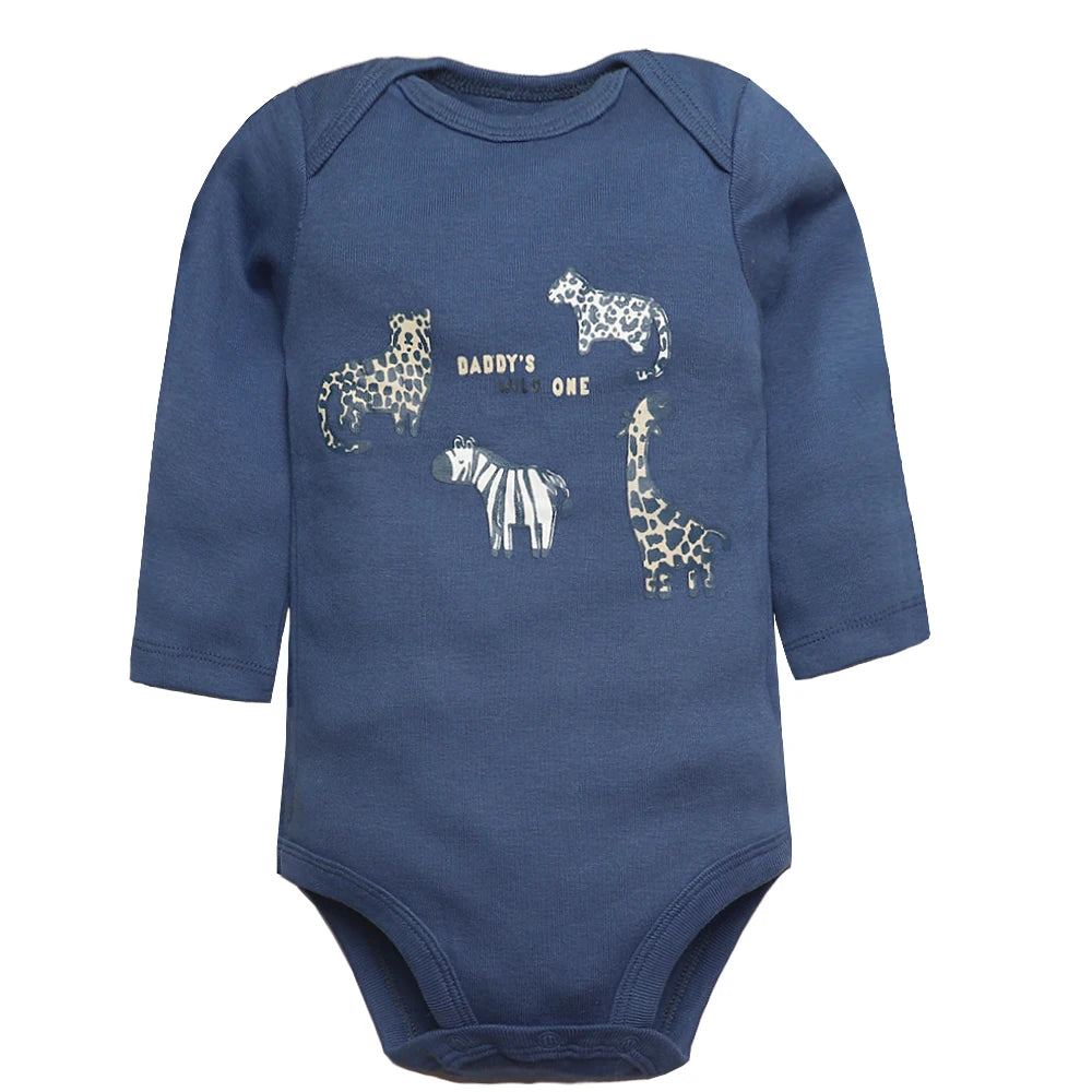 Heathered blue long sleeve bodysuit showing four safari animals around the text Daddy's Wild One