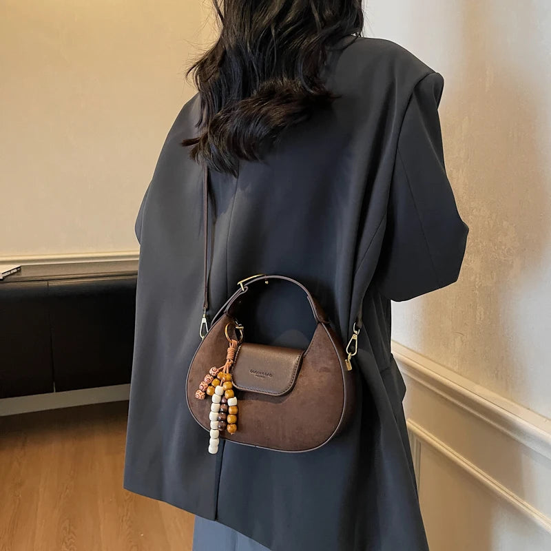 Women's Retro PU Leather Small Saddle Bag – Crossbody Shoulder Handbag with Pendant