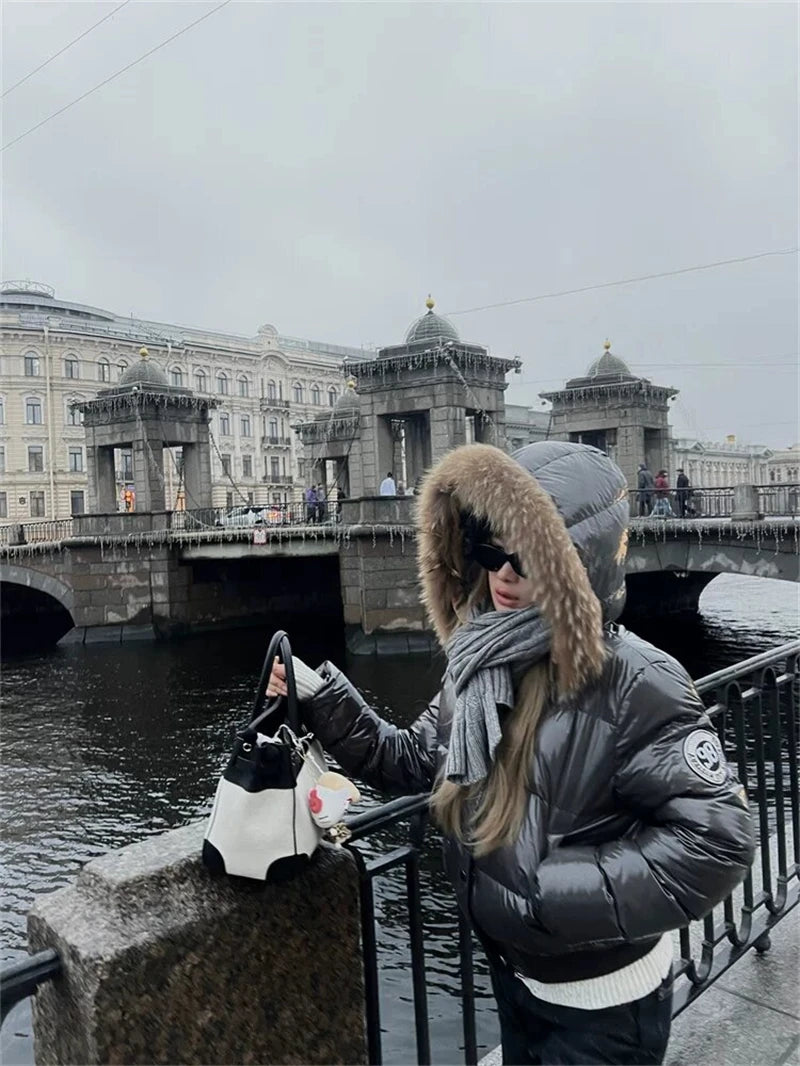 Women's Glossy Hooded Puffer Jacket with Faux Fur Trim