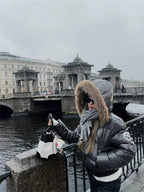 Women's Glossy Hooded Puffer Jacket with Faux Fur Trim