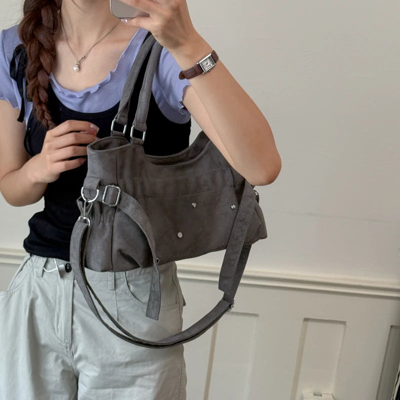 PU Leather Vintage Tote Bag – Rivet Detail, Adjustable Strap, 37×20×9 cm