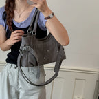 PU Leather Vintage Tote Bag – Rivet Detail, Adjustable Strap, 37×20×9 cm