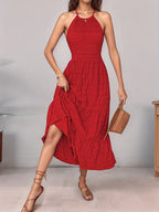 Off-Shoulder Backless Maxi Dress – Sleeveless Ruffle Holiday Dress