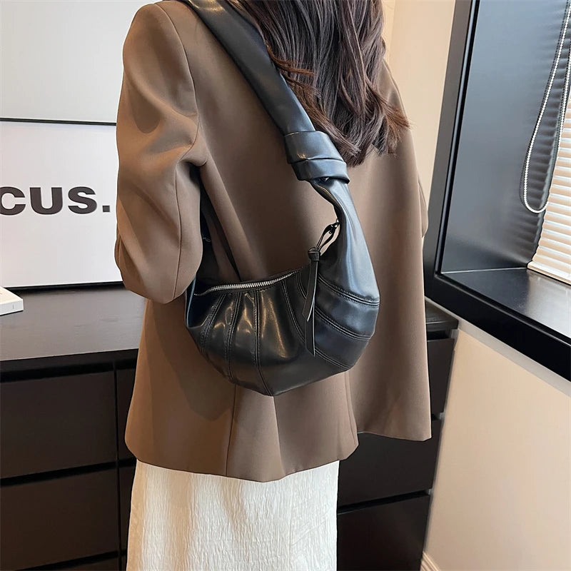 Large Splicing Leather Crossbody Bags Women Zipper Crescent Shoulder Bags