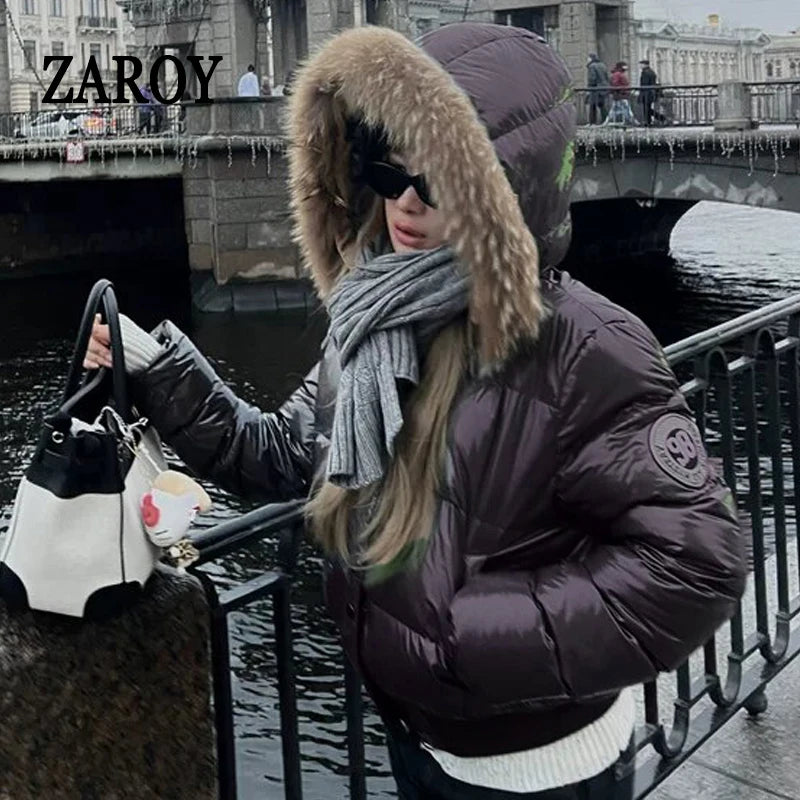 Women's Glossy Hooded Puffer Jacket with Faux Fur Trim