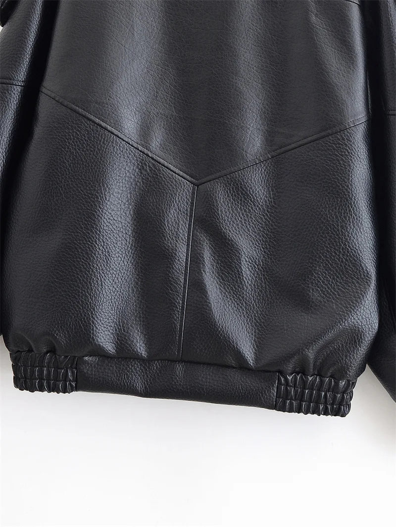 Women's Jacket Pebble Faux Leather Full-Sleeve Moto-Style Zipper Casual Coat