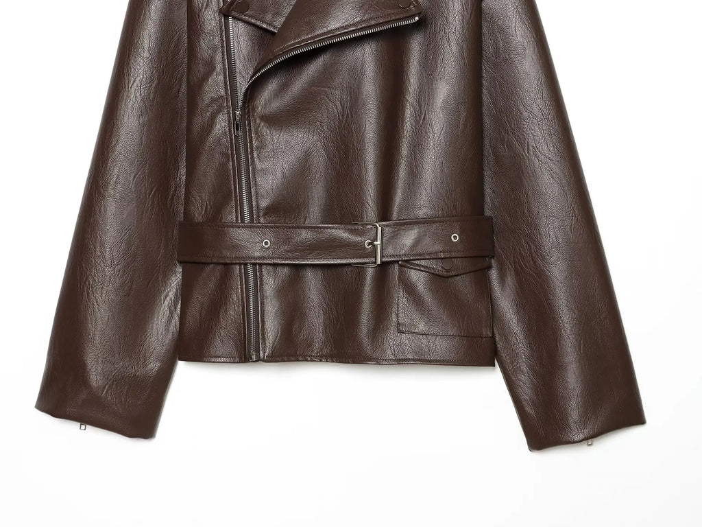Women's Jacket Vintage Belted Faux PU Leather Front-Zip Turn-Down Lapel Full-Sleeve Casual Coat