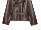 Women's Jacket Vintage Belted Faux PU Leather Front-Zip Turn-Down Lapel Full-Sleeve Casual Coat