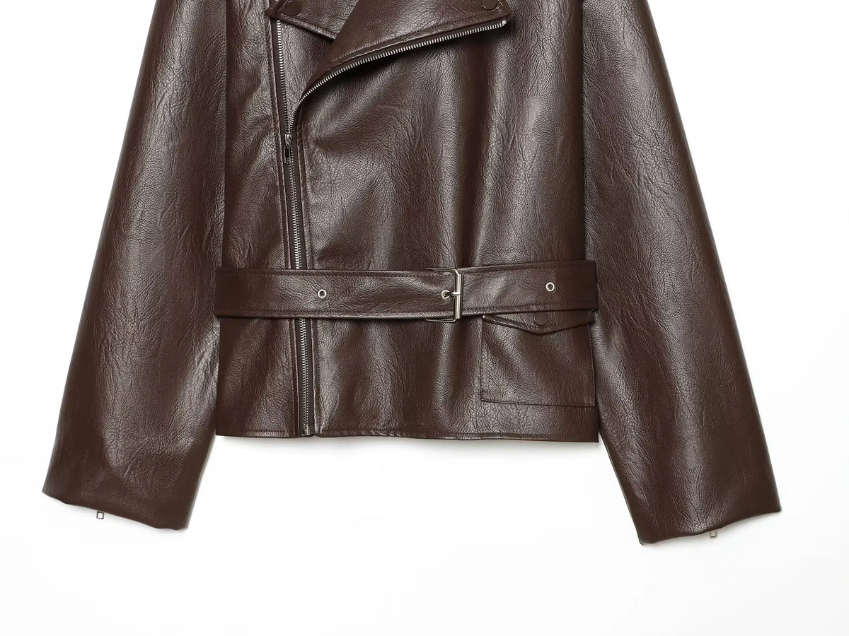 Women's Jacket Vintage Belted Faux PU Leather Front-Zip Turn-Down Lapel Full-Sleeve Casual Coat