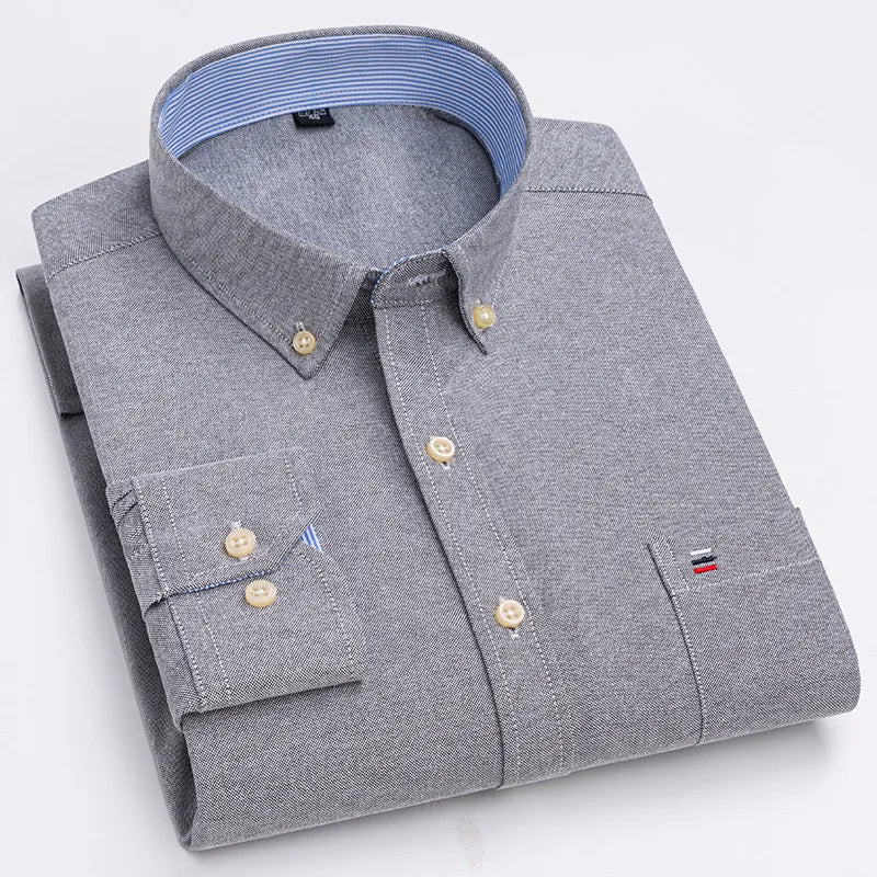 Men's 100% Cotton Shirt Long Sleeve Plaid Oxford Casual Solid Color Print Regular Fit Formal Dress Shirt Oversized 7XL  6XL 5XL
