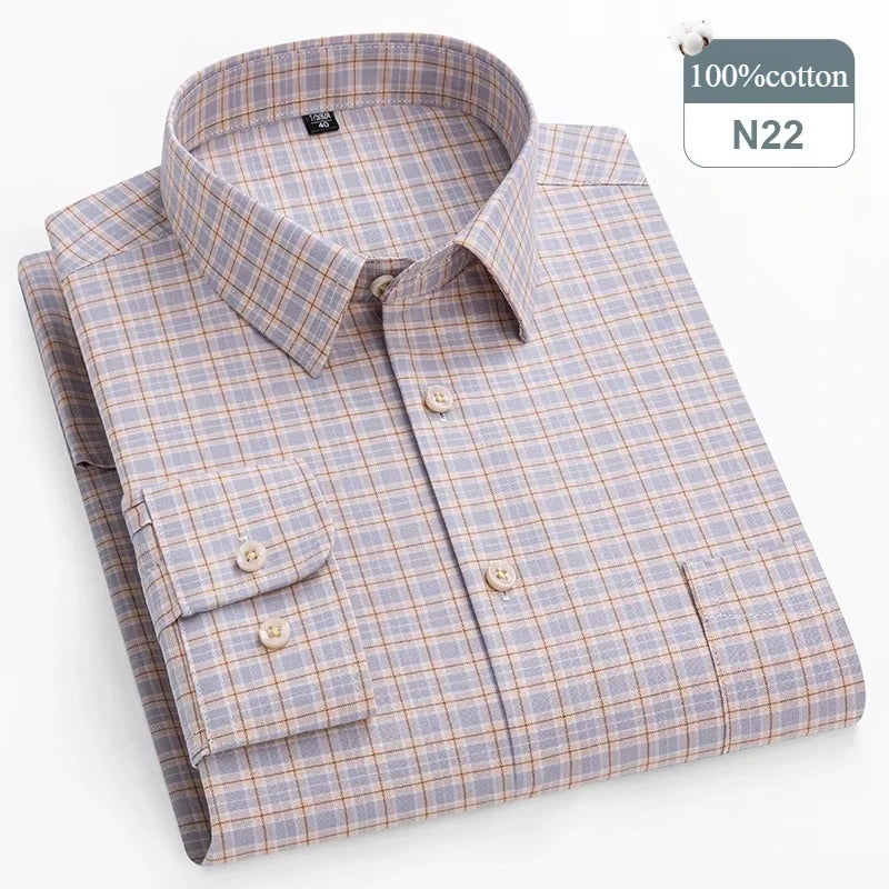 Plus Size 14XL 100%Cotton Long-Sleeve Shirts for Men Slim Fit Formal Plain Shirt Soft Plaid Striped Tops Office Elegants Clothes