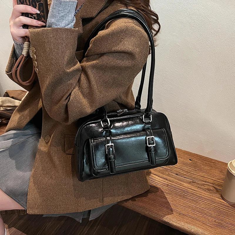 Small Retro Leather Tote Bags Women Zipper Outer Belt Flap Big Pocket Shoulder Bags