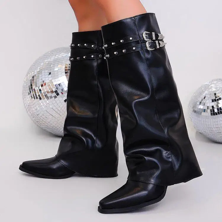 Women's Black Studded Buckle Knee-High Boots