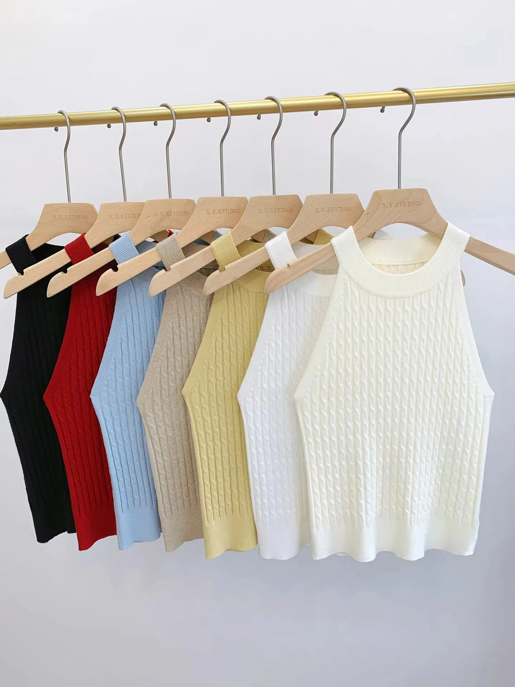 Women's Knitted Halter Camisole Slim Fit Sleeveless Base Tank Tops Solid Crop Tops
