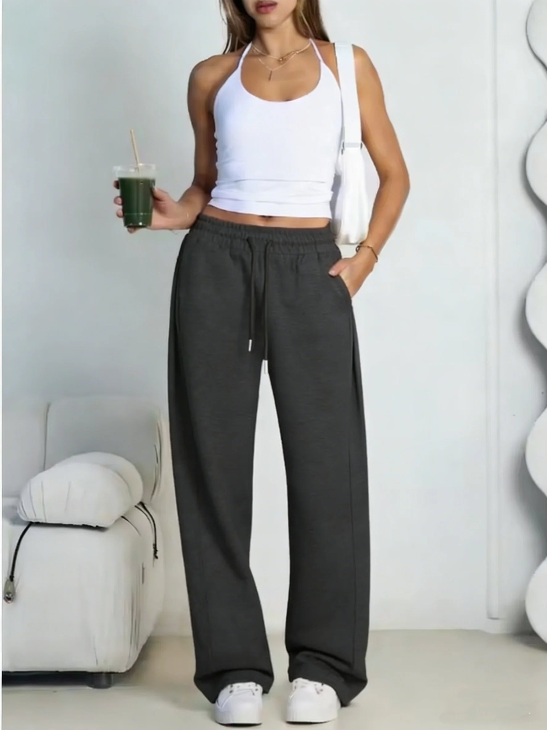 Women's Wide Leg Sweatpants Loose Streetwear Baggy Oversize Gray Sports Pants Drawstring Casual Joggers Trousers