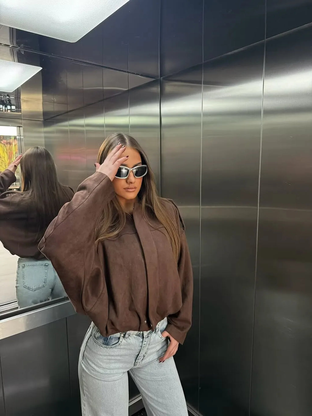 Women's Suede Textured Bomber Jacket Long Sleeve Lapel Collar Loose Coats Casual Outerwear