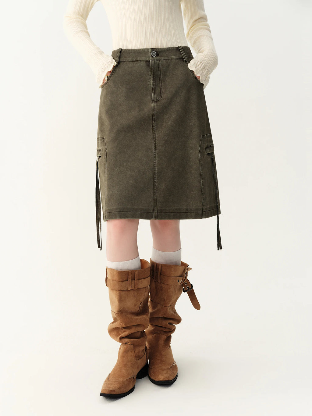 Women's Skirt Viscose Broadcloth Straight Cargo-Style Pockets High-Rise Empire Waist Knee-Length Casual Winter