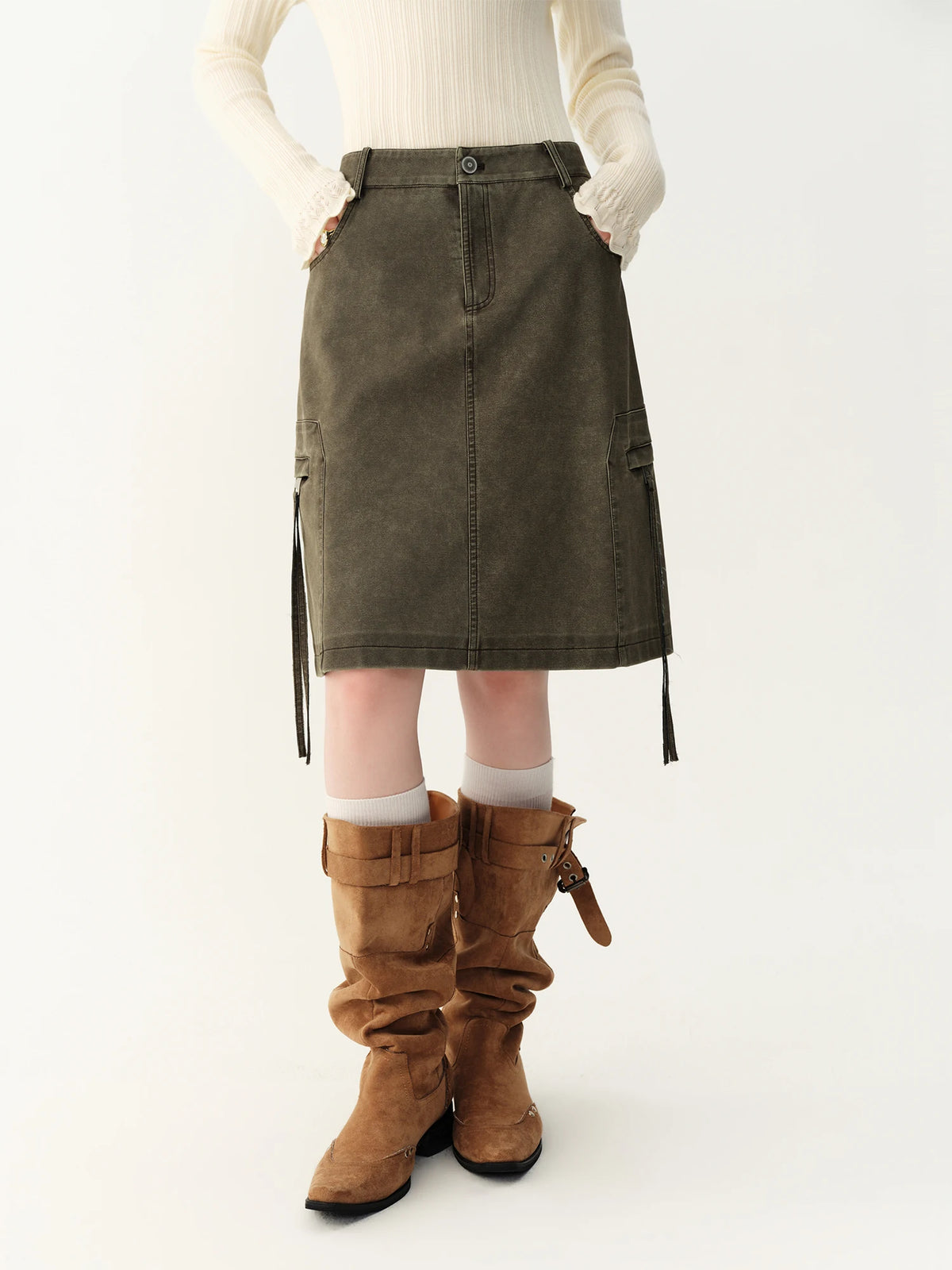 Women's Skirt Viscose Broadcloth Straight Cargo-Style Pockets High-Rise Empire Waist Knee-Length Casual Winter