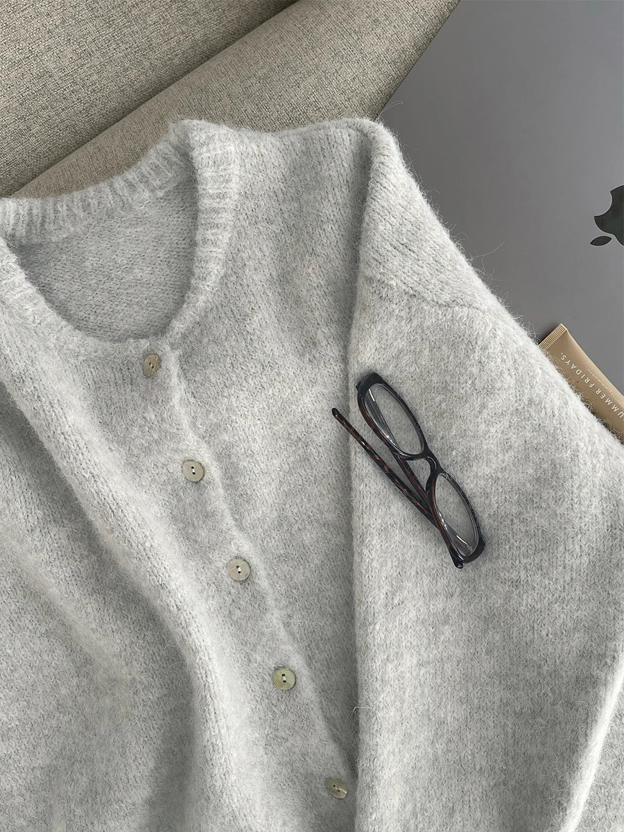 Women's Cardigan Slim-Fit Single-Breasted O-Neck Button Wool-Cotton-Acrylic Blend Full-Sleeve Autumn Winter Sweater