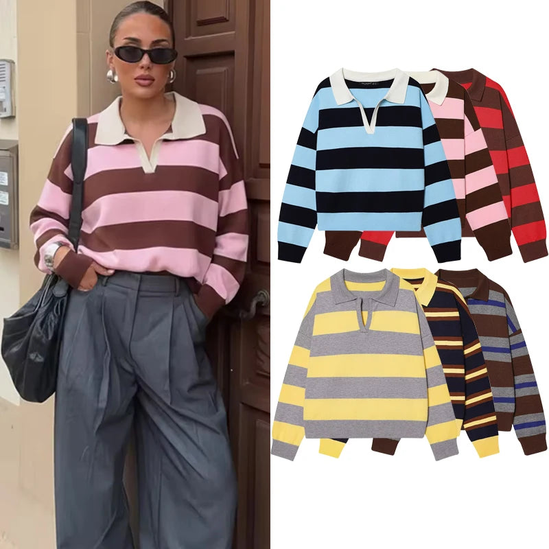 Women's Striped Polo Sweater Casual Long Sleeve Loose Pullover