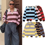 Women's Striped Polo Sweater Casual Long Sleeve Loose Pullover