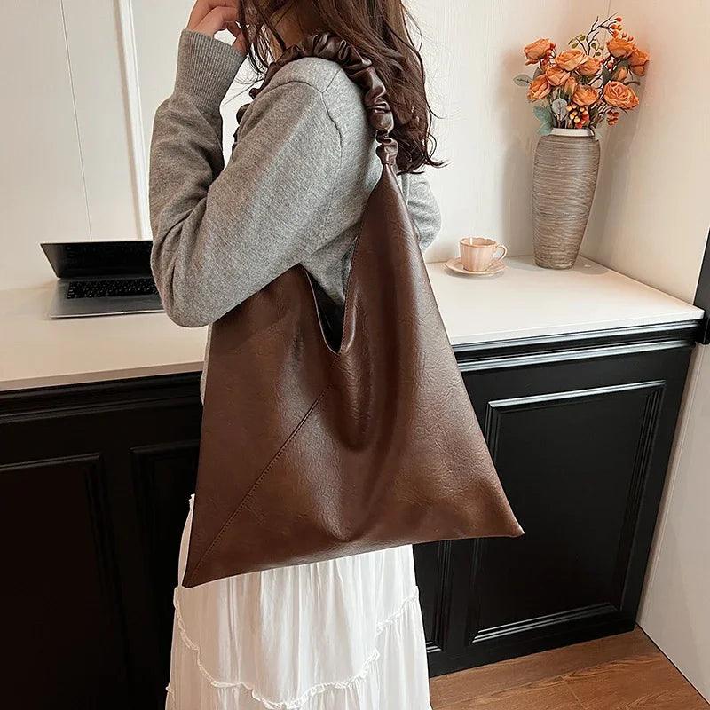 Large Leather Shoulder Bags Triangle Shape Ruched Handle Women Tote handbags