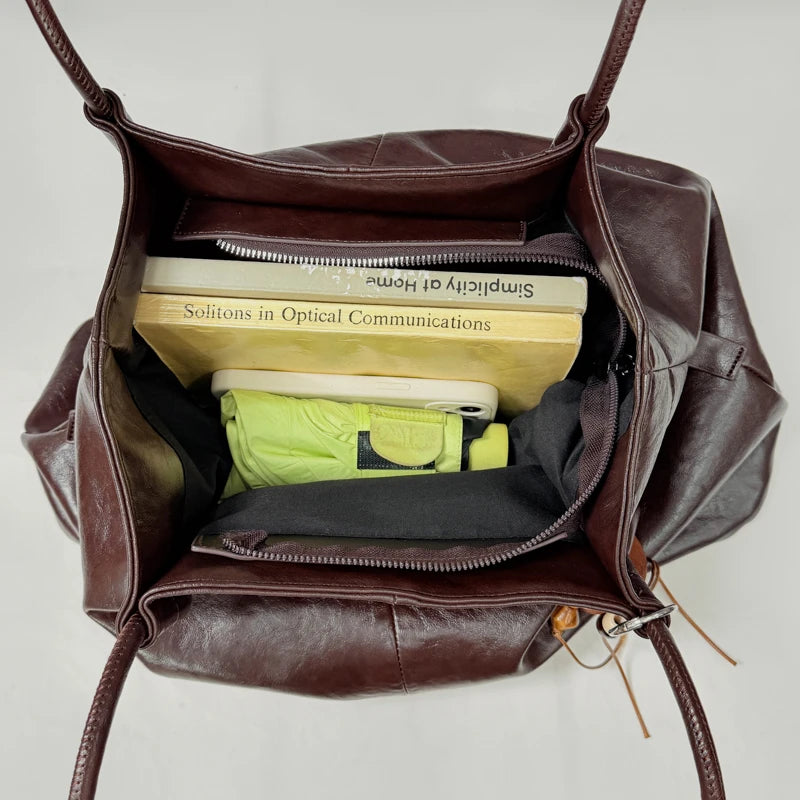 Styleinger Women's Tote Bag Vintage Large-Capacity Soft Hobo PU Leather Zipper Shoulder Bag with Phone Pocket & Charm