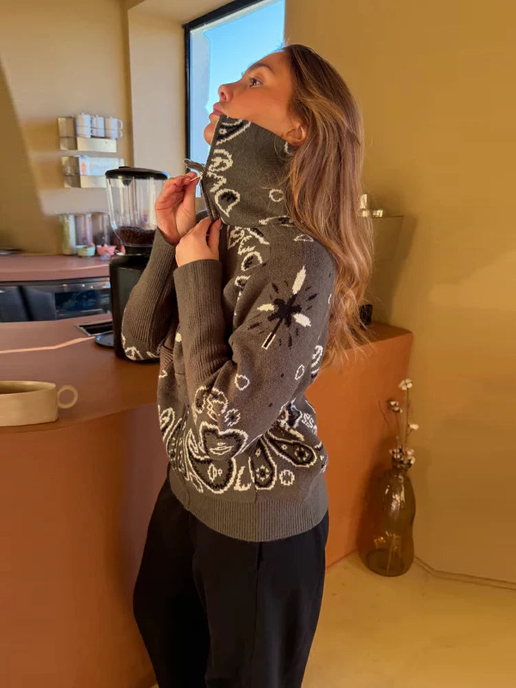 Women's Cardigan Striped Knit Open-Front O-Neck Loose Full-Sleeve Casual Autumn Winter Sweater
