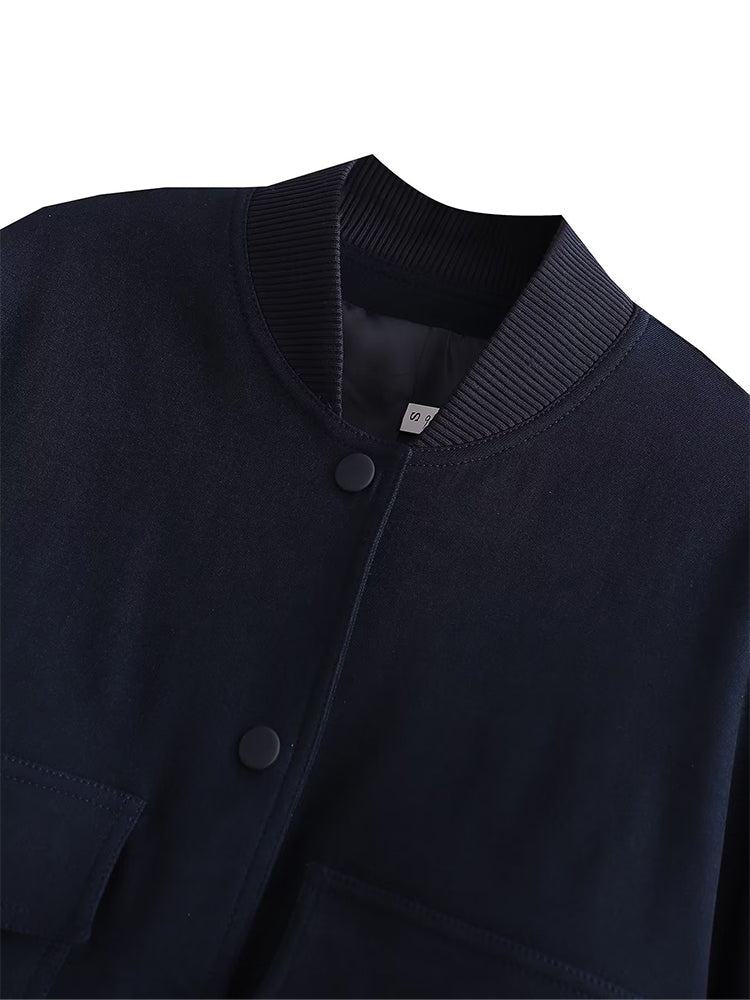 Women Fashion Solid Bomber Jackets Coat With Pockets V-Neck Single Breasted Long Sleeves