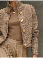 Fashion High Neck Button Knit Cardigan Jacket Women Autumn Winter Long Sleeve Casual Sweater