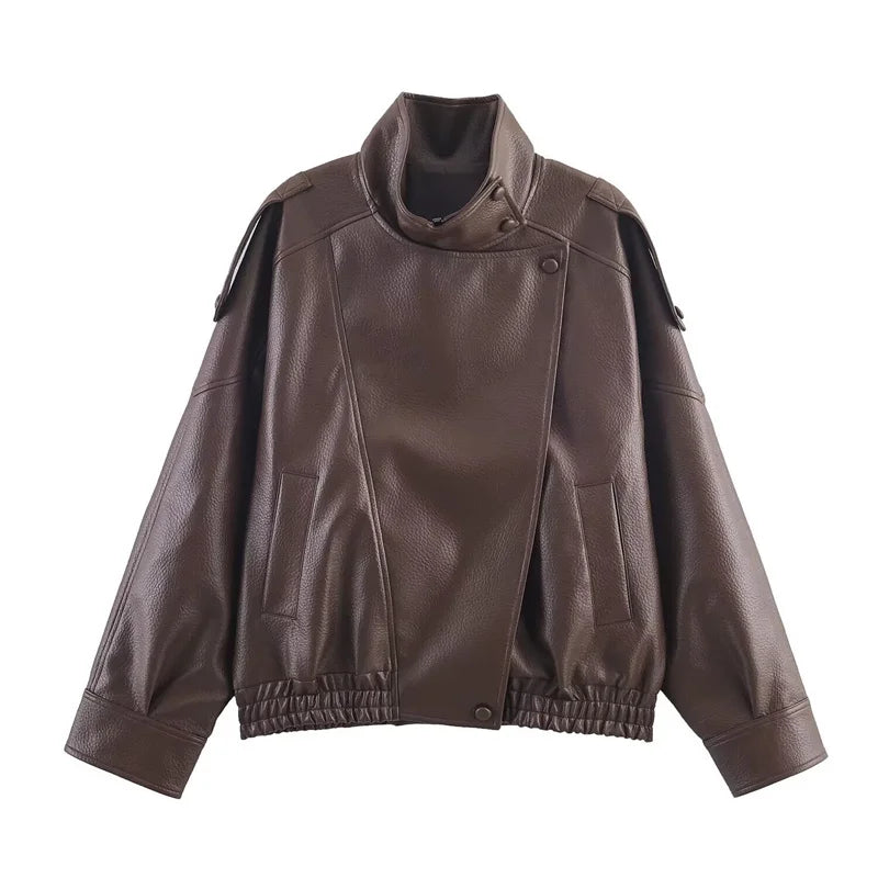 Women's Jacket Jacket Motorcycle Style 2026 Autunm Black Long Sleeve Pebble Faux Leather Fashion