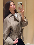 Women's Jacket Polyester Plaid Loose Stand Collar Full-Zip Full-Sleeve Casual Autumn Outerwear