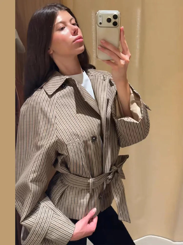 Women's Jacket Polyester Plaid Loose Stand Collar Full-Zip Full-Sleeve Casual Autumn Outerwear