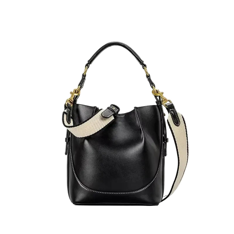 Women's Canvas & PU Leather Bucket Bag with Wide Crossbody Strap