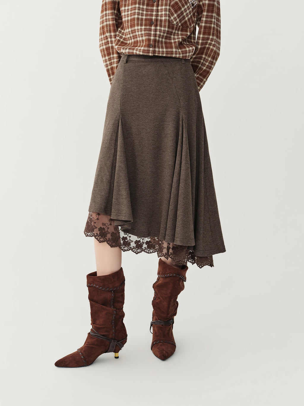 Women's Woolen Skirt Lace Panel Asymmetric Hem A-Line Empire Waist Mid-Calf Knit Casual Office Winter