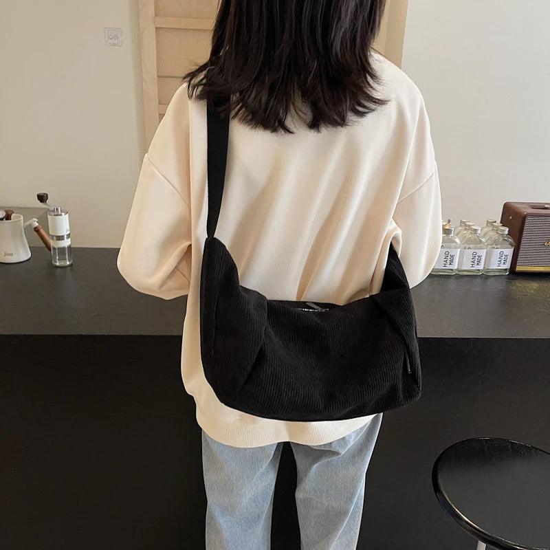 Large Corduroy Soft Fabric Shoulder Bags Women Zipper Solid Hobo Handbags