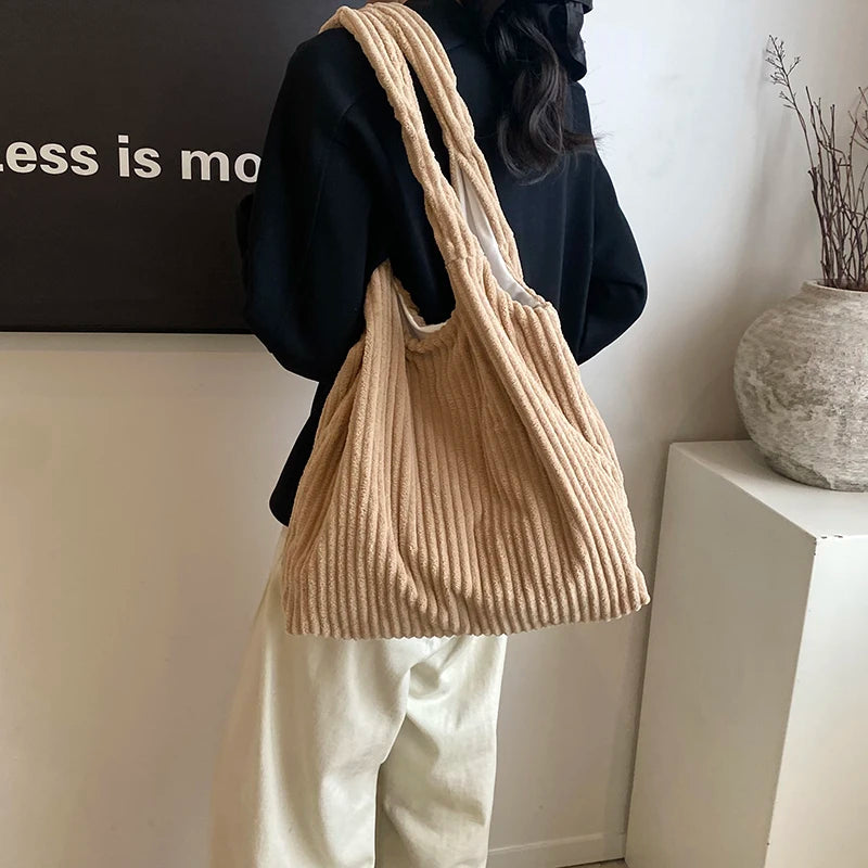 Soft Large Corduroy Handbags Women Snap Casual Style Tote Handbags