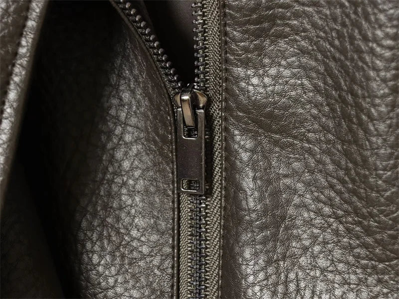 Women's Jacket Pebble Faux Leather Full-Sleeve Moto-Style Zipper Casual Coat
