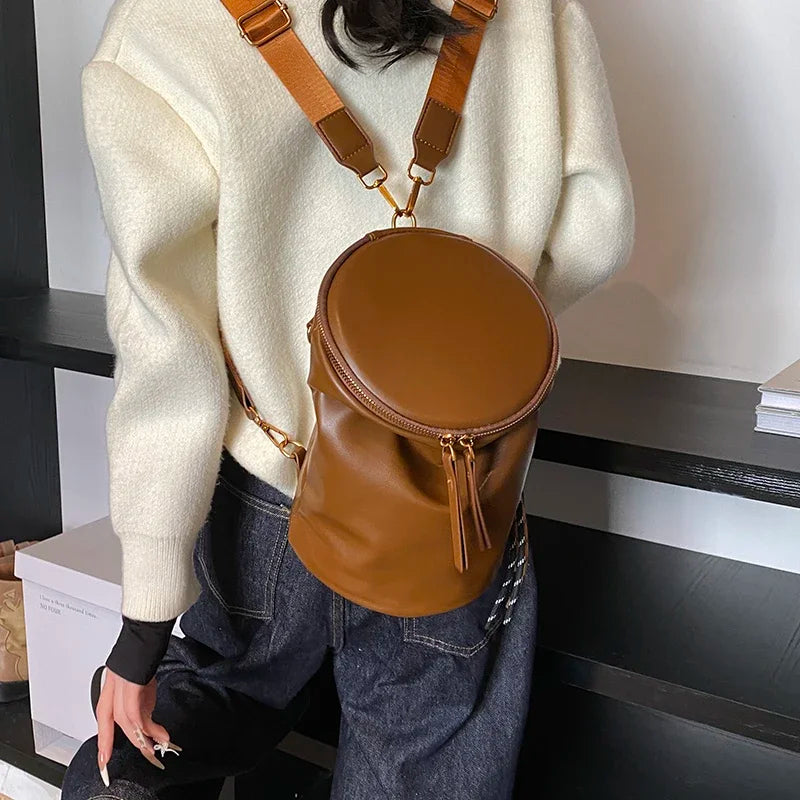 Small PU Leather Bucket Bags Barrel Women Zipper Soft Backpack Shoulder Bags