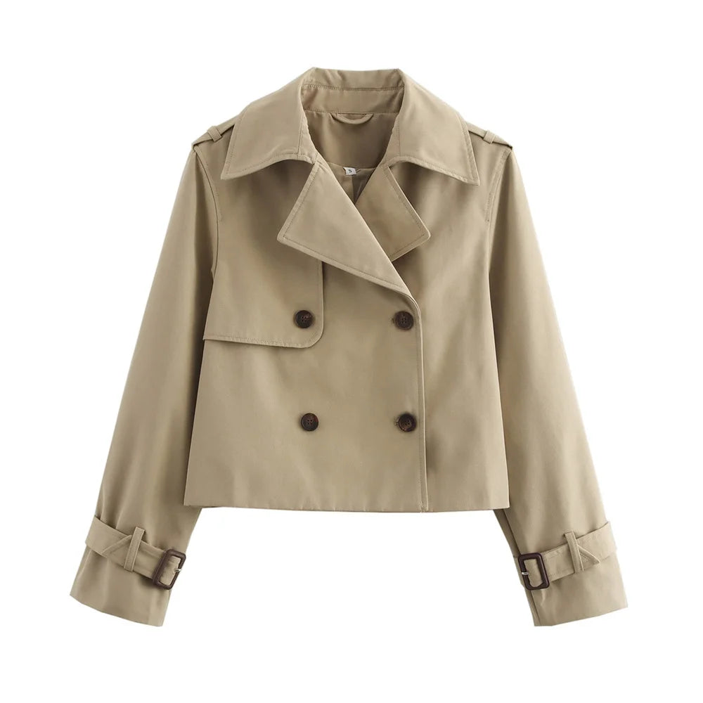 Women's Cropped Trench Coat Autumn Jacket Women Streetwear Double Breasted Long Sleeve
