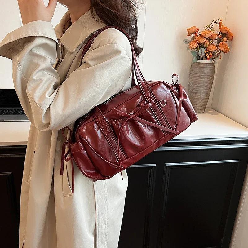 Leather Shoulder Bags Soft Bow Tie Outer Pockets Zipper Women Tote Handbags