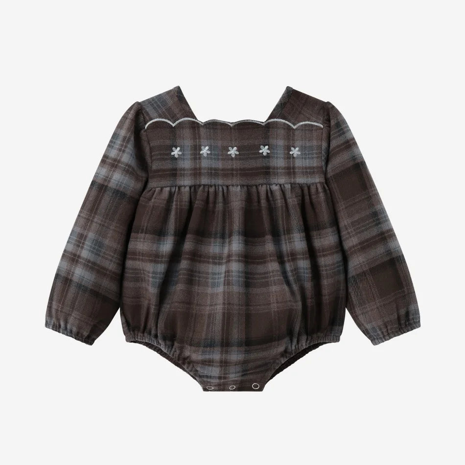 Braun kariertes Familientraktat-Kleid & Geschwister-Outfits mit Stickerei