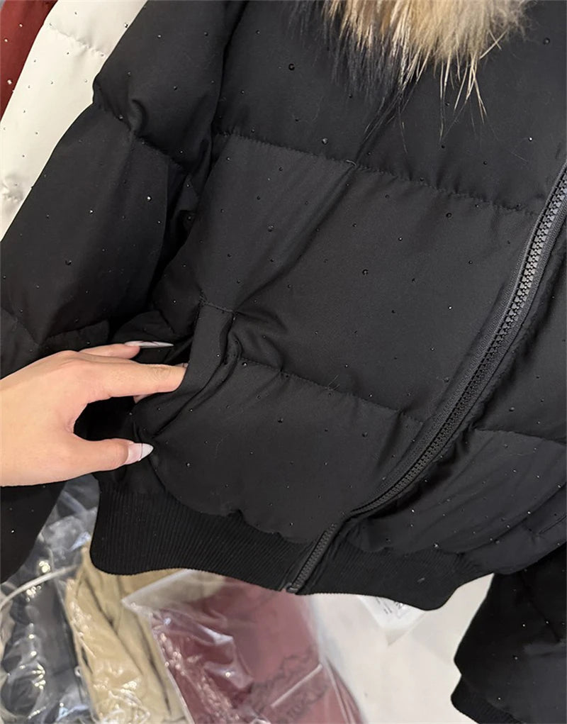 Women's Rhinestone Hooded Puffer Jacket with Plush Trim