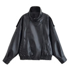 Women's Jacket Pebble Faux Leather Full-Sleeve Moto-Style Zipper Casual Coat