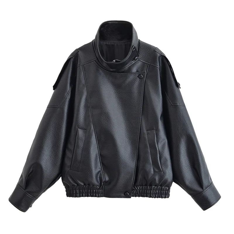 Women's Jacket Jacket Motorcycle Style 2026 Autunm Black Long Sleeve Pebble Faux Leather Fashion