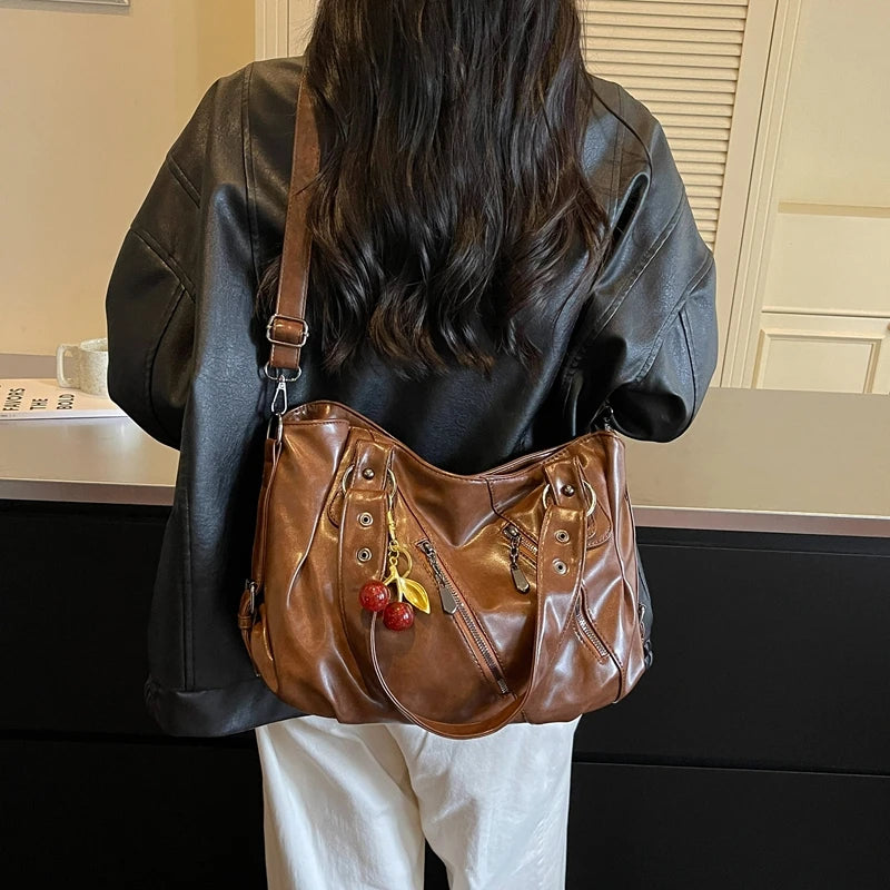 Women's Faux Leather Tote Shoulder Bag with Charm